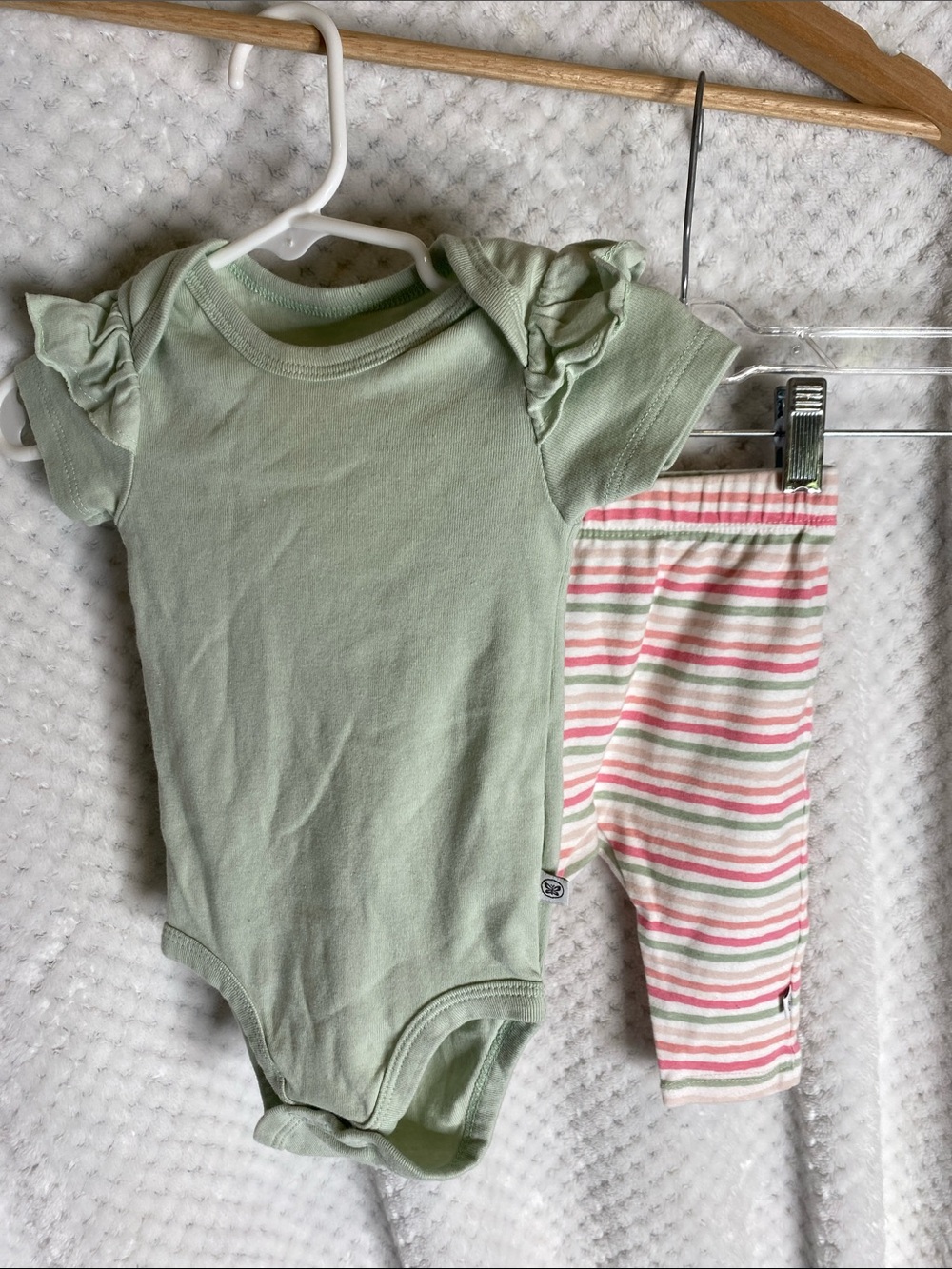 Honest Baby Clothing Green Ruffle-Sleeve Baby Onesie, Pink & Green Striped Pants